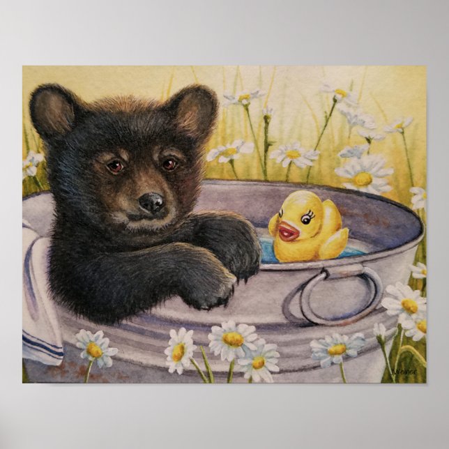Black Bear Cub Washtub Bath Duck Watercolor 11x14 Poster (Front)