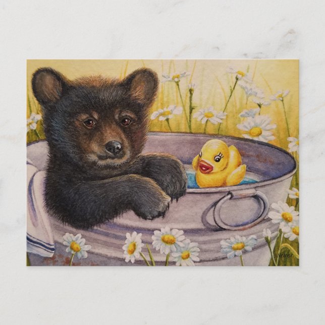 Black Bear Cub Washtub Bath Duck Watercolor Art Postcard (Front)