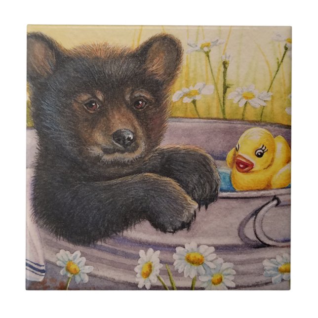 Black Bear Cub Washtub Bath Duck Watercolor Art Tile (Front)