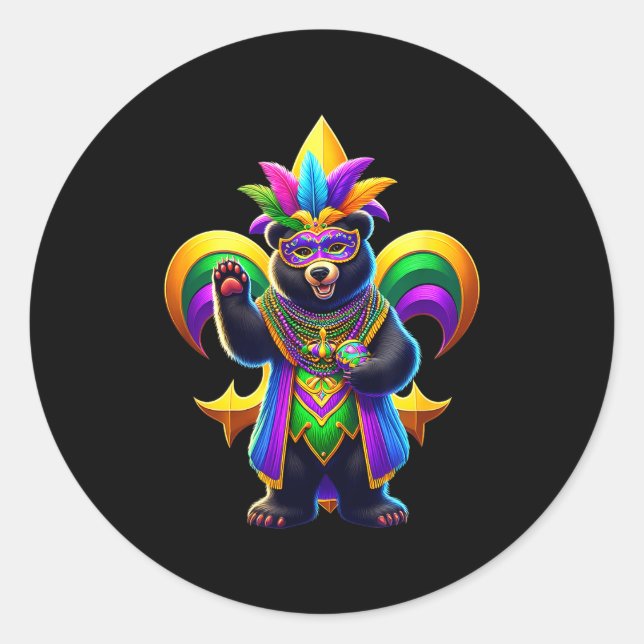 Black Bear Cute Mardi Gras  Classic Round Sticker (Front)