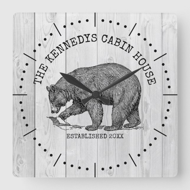 Black Bear Family Name Grey Wood Cabin House  Square Wall Clock (Front)