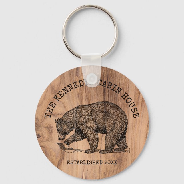 Black Bear Family Name Rustic Wood Cabin House  Keychain (Front)