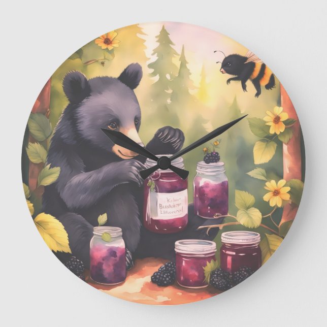 Black Bear gathering blackberry jam Large Clock (Front)