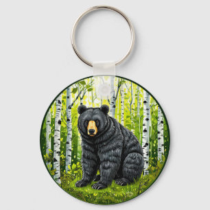 Black Bear in a Birch Forest Keychain