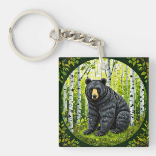 Black Bear in a Birch Forest Keychain