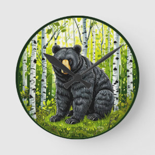 Black Bear in a Birch Forest Round Clock