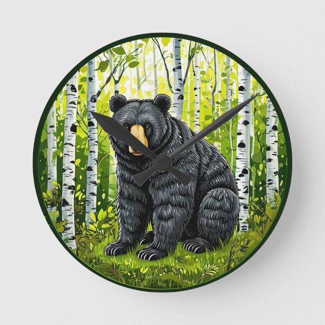 Black Bear in a Birch Forest Round Clock (Front)