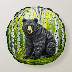 Black Bear in a Birch Forest Round Pillow