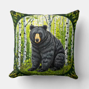 Black Bear in a Birch Forest Throw Pillow