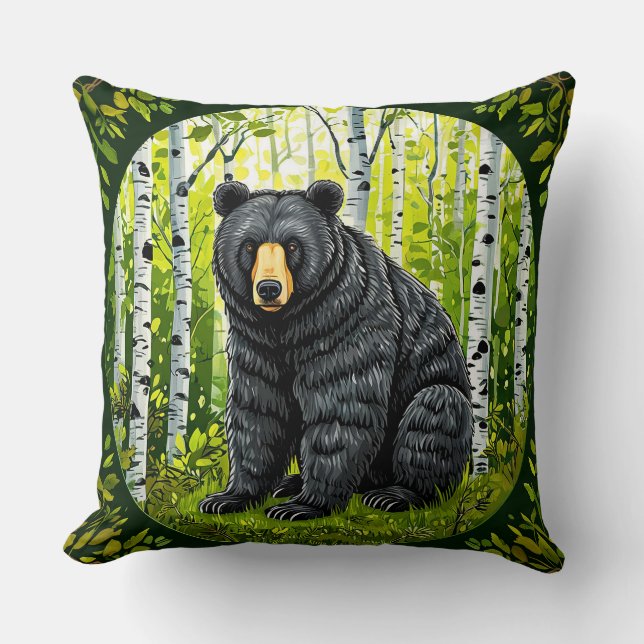 Black Bear in a Birch Forest Throw Pillow (Front)