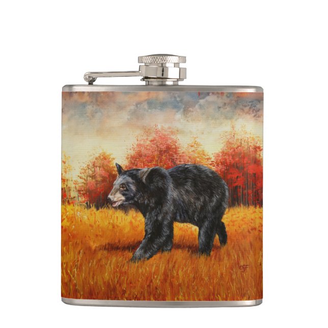 Black Bear in Autumn Forest Hip Flask (Front)