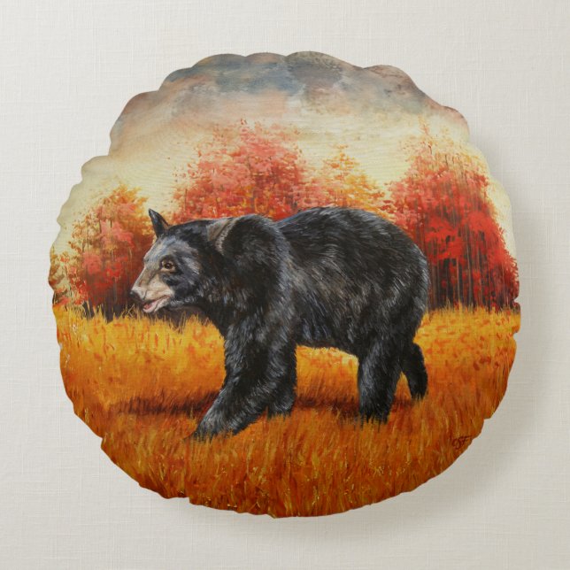 Black Bear in Autumn Forest Round Pillow (Front)