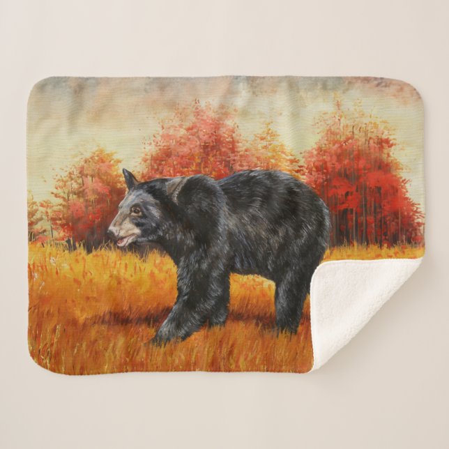 Black Bear in Autumn Forest Sherpa Blanket (Front (Horizontal))