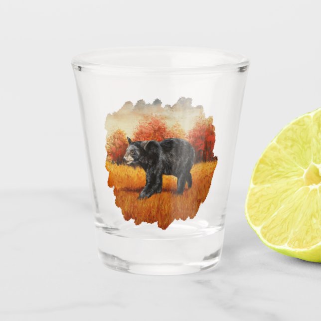 Black Bear in Autumn Forest Shot Glass (Front)