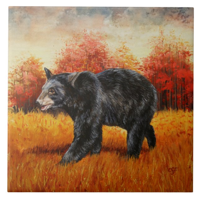 Black Bear in Autumn Forest Tile (Front)