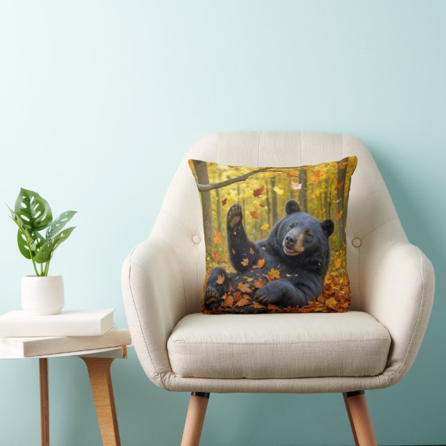 Black Bear In Autumn Leaves Throw Pillow (Chair)
