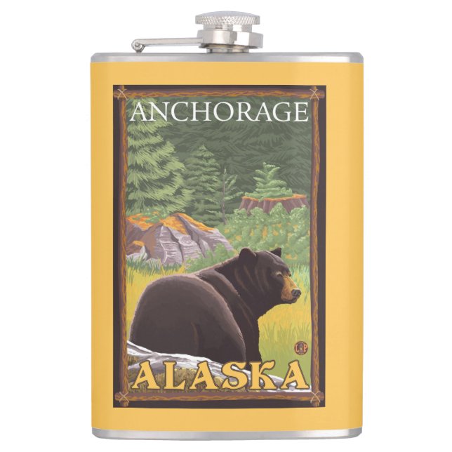 Black Bear in Forest - Anchorage, Alaska Hip Flask (Front)