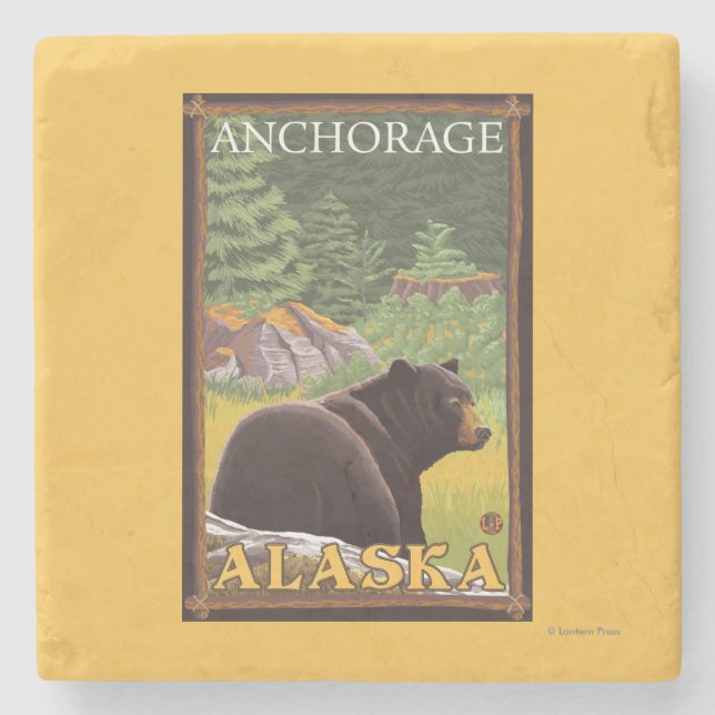 Black Bear in Forest - Anchorage, Alaska Stone Coaster (Front)