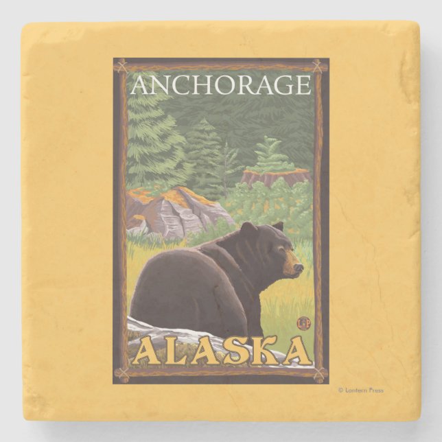 Black Bear in Forest - Anchorage, Alaska Stone Coaster (Front)