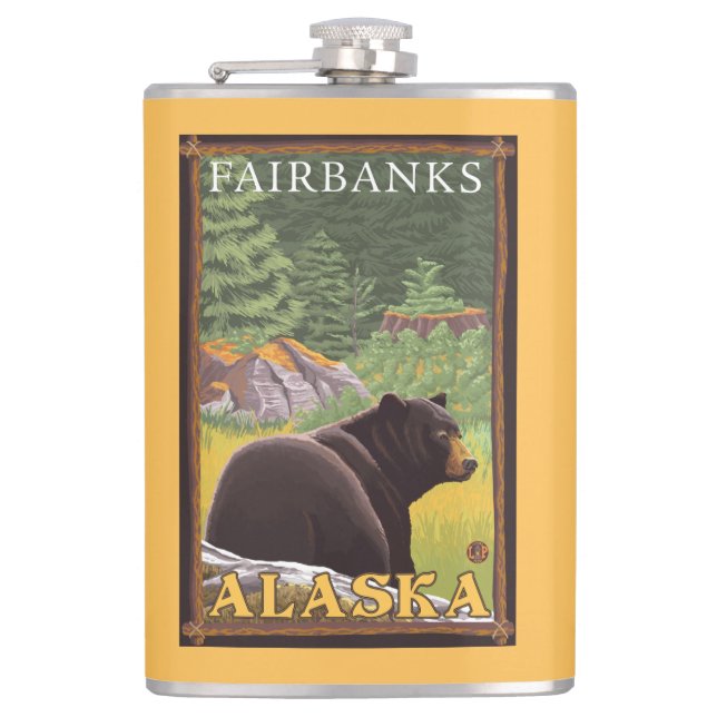 Black Bear in Forest - Fairbanks, Alaska Hip Flask (Front)