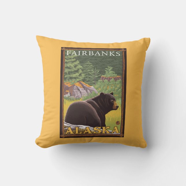 Black Bear in Forest - Fairbanks, Alaska Throw Pillow (Front)