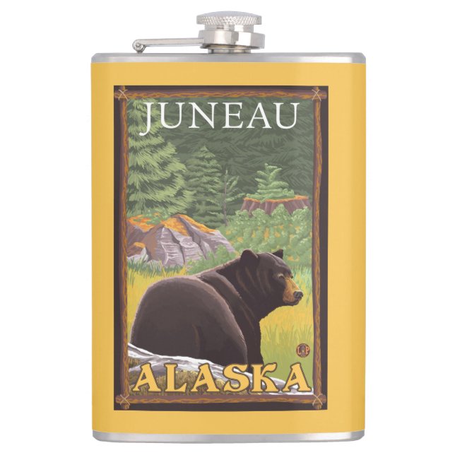 Black Bear in Forest - Juneau, Alaska Hip Flask (Front)