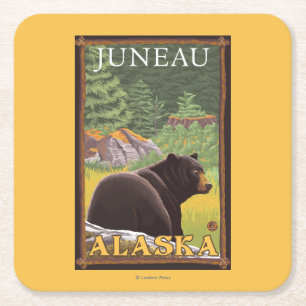 Black Bear in Forest - Juneau, Alaska Square Paper Coaster
