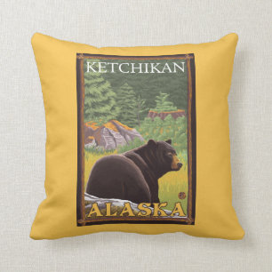 Black Bear in Forest - Ketchikan, Alaska Throw Pillow