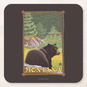 Black Bear in Forest - Montana Square Paper Coaster