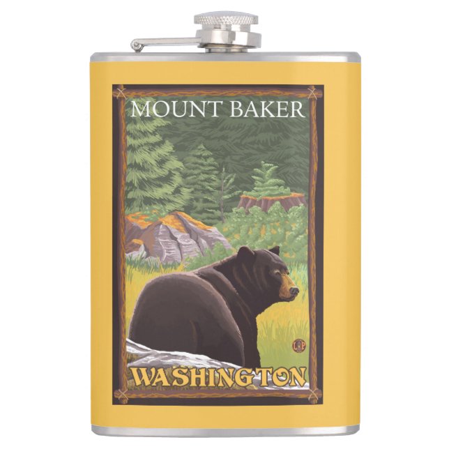 Black Bear in Forest - Mount Baker, Washington Hip Flask (Front)