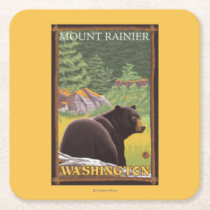 Black Bear in Forest - Mount Rainier, Washington Square Paper Coaster