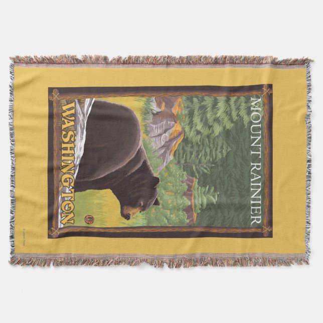 Black Bear in Forest - Mount Rainier, Washington Throw Blanket (Front)