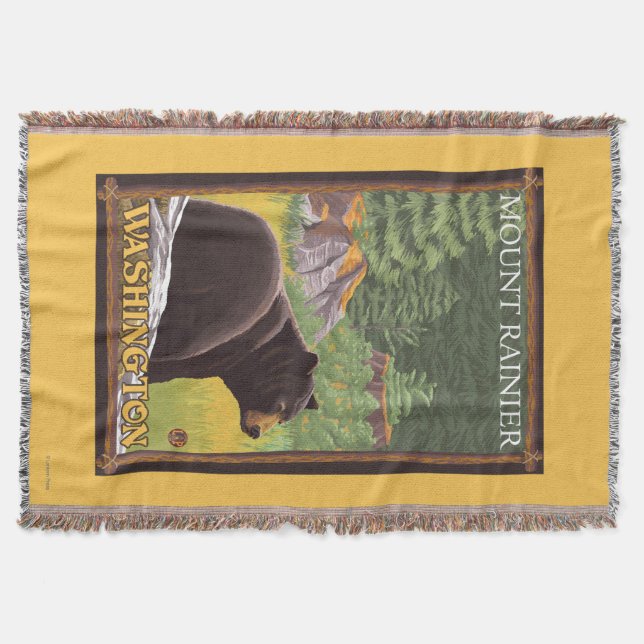 Black Bear in Forest - Mount Rainier, Washington Throw Blanket (Front)