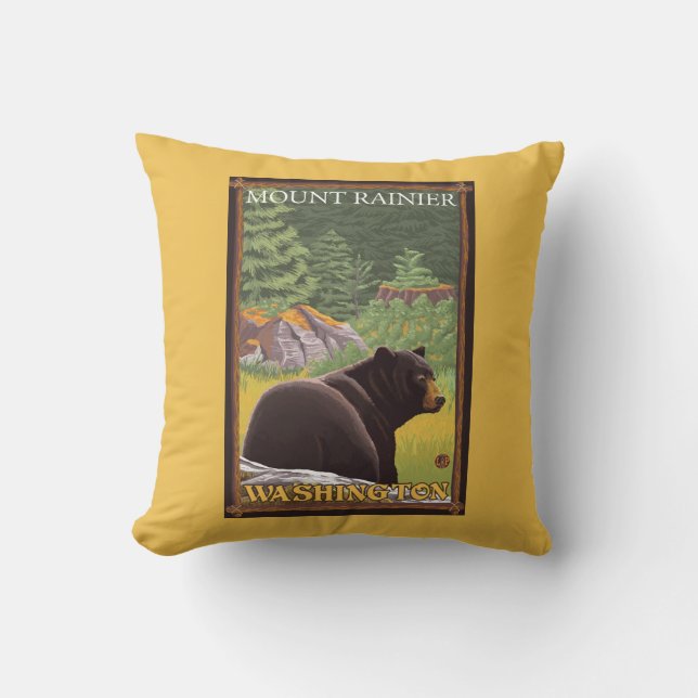 Black Bear in Forest - Mount Rainier, Washington Throw Pillow (Front)