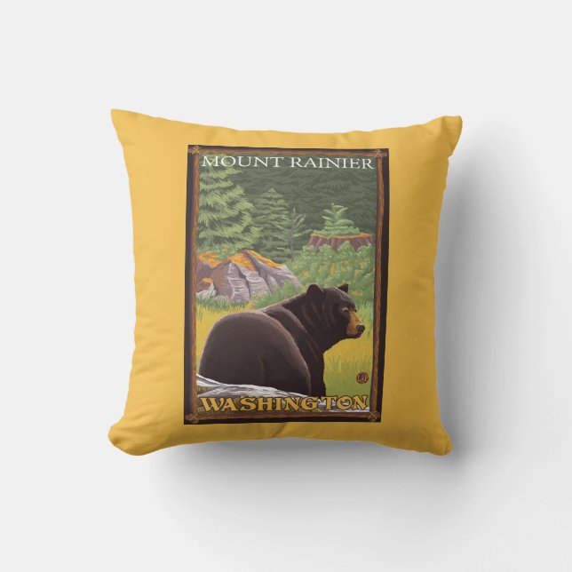 Black Bear in Forest - Mount Rainier, Washington Throw Pillow (Front)