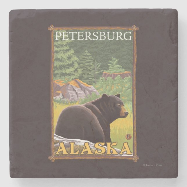 Black Bear in Forest - Petersburg, Alaska Stone Coaster (Front)