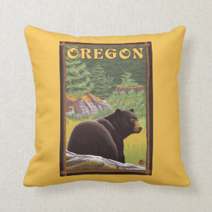 Black Bear in Forest Scene Vintage Travel Throw Pillow