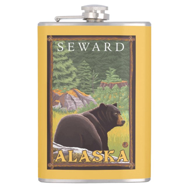 Black Bear in Forest - Seward, Alaska Hip Flask (Front)