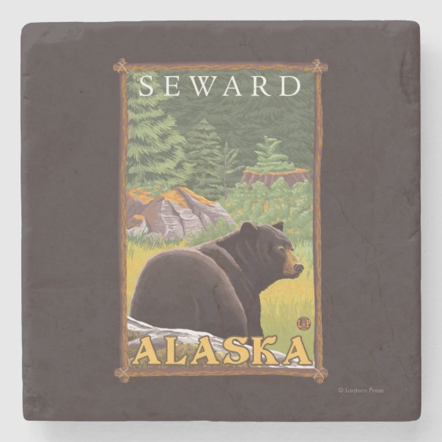 Black Bear in Forest - Seward, Alaska Stone Coaster (Front)