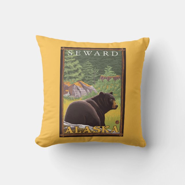 Black Bear in Forest - Seward, Alaska Throw Pillow (Front)