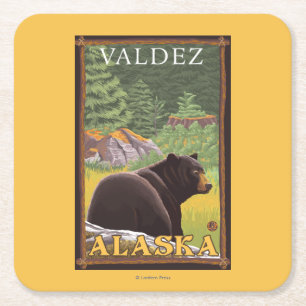 Black Bear in Forest - Valdez, Alaska Square Paper Coaster