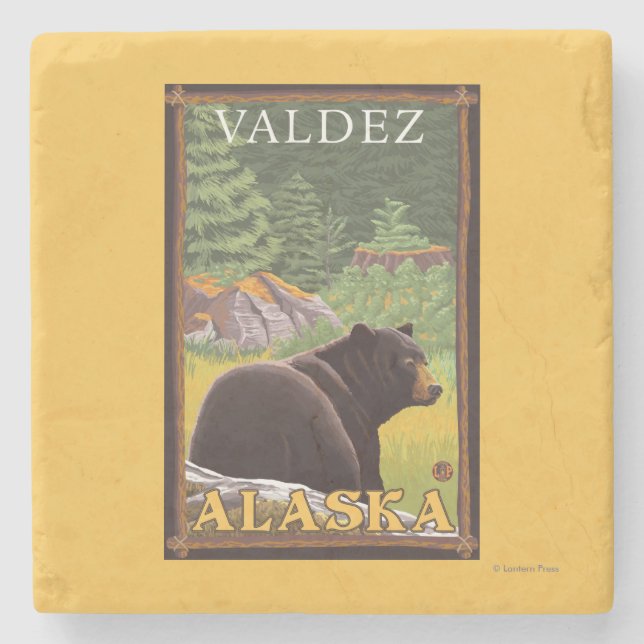 Black Bear in Forest - Valdez, Alaska Stone Coaster (Front)