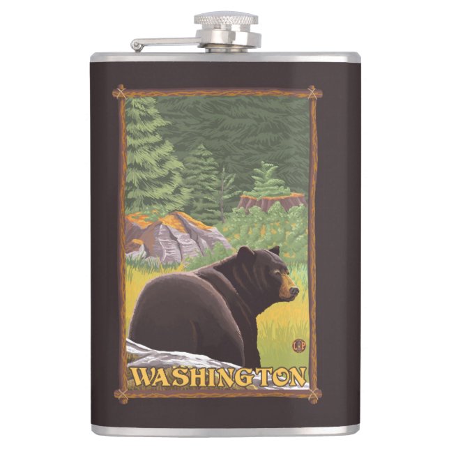 Black Bear in Forest - Washington Hip Flask (Front)