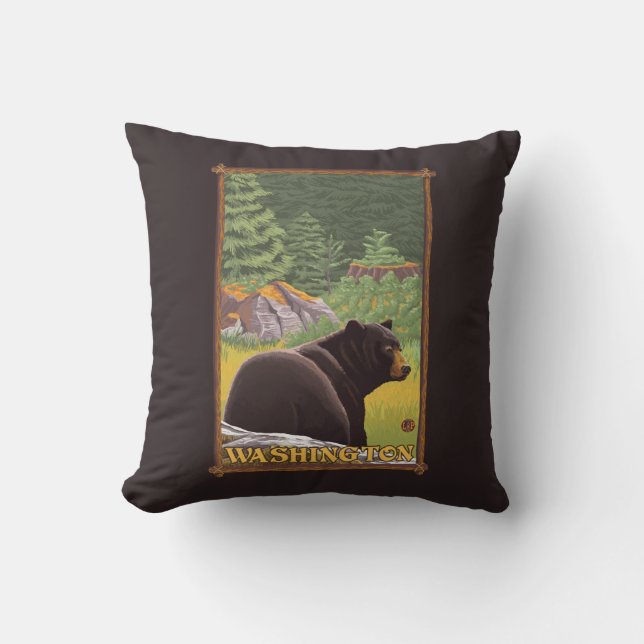 Black Bear in Forest - Washington Throw Pillow (Front)