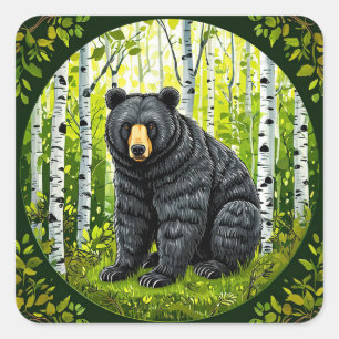 Black Bear in Forest Wildlife Bear in Birch Trees Square Sticker