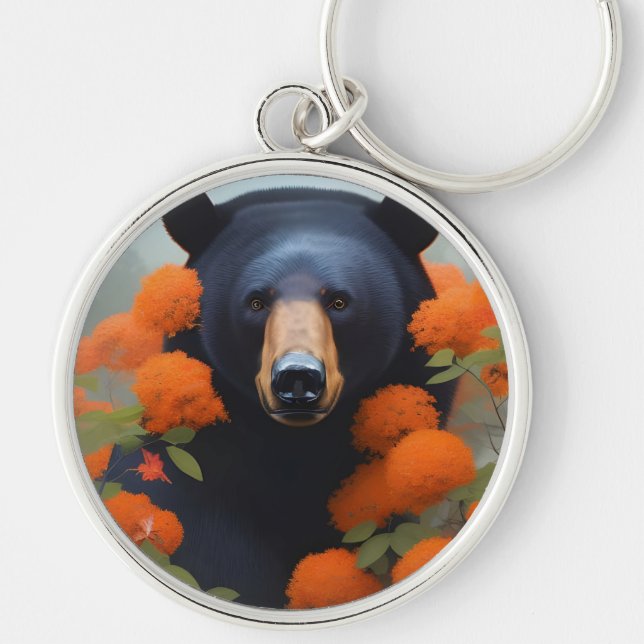Black Bear in Orange flowers  Keychain (Front)