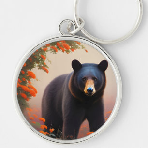 Black Bear in Orange flowers Keychain