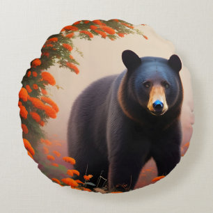 Black Bear in Orange flowers  Round Pillow
