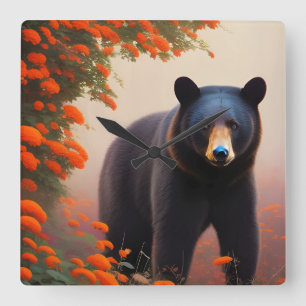 Black Bear in Orange flowers   Square Wall Clock
