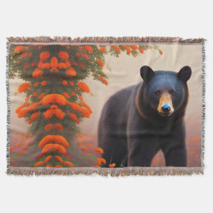 Black Bear in Orange flowers   Throw Blanket
